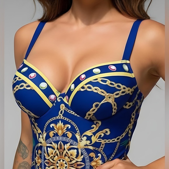 Blue Chain Print Push Up One Piece Swimsuit With Beach Skirt - Picture 2 of 11